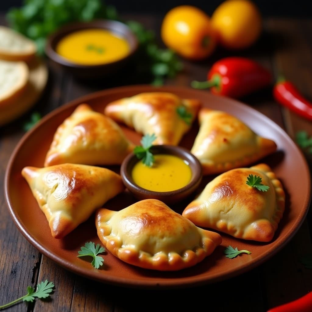 Empanadas doradas y crujientes de harina de sorgo rellenas de pollo al curry amarillo, servidas en un plato de barro con hojas de cilantro fresco y una salsa amarilla a un lado. Receta peruana sin gluten.