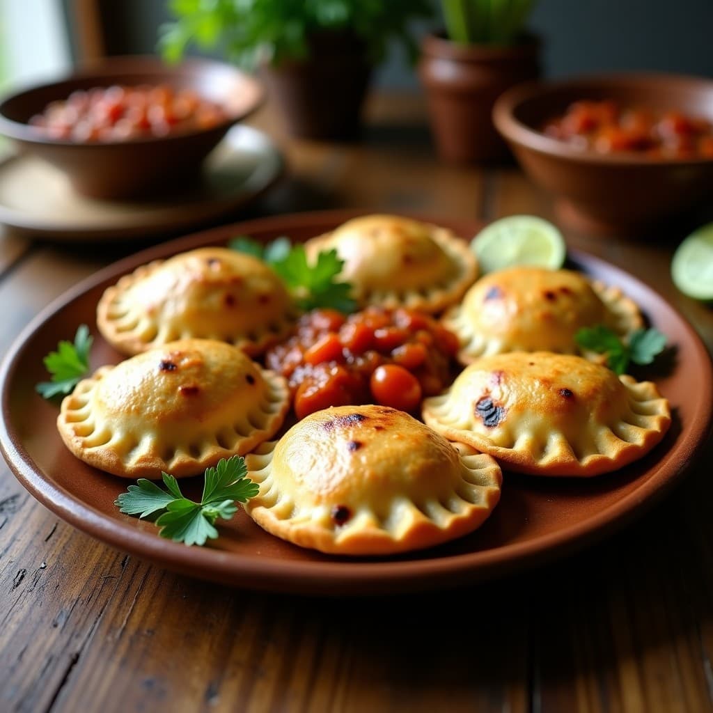 Empanadas doradas de sorgo y queso negro con relleno de hogao, servidas en un plato de barro rústico con hojas de cilantro fresco y rodajas de limón al lado. Receta colombiana sin gluten.