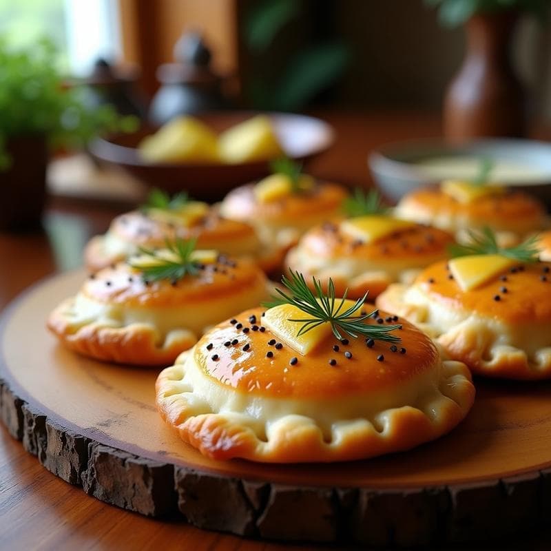 Empanadas doradas y hojaldradas de surimi y queso de cabra sobre una bandeja de madera rústica, con semillas de sésamo negro y rodajas de surimi como decoración. Receta española moderna en Thermomix.