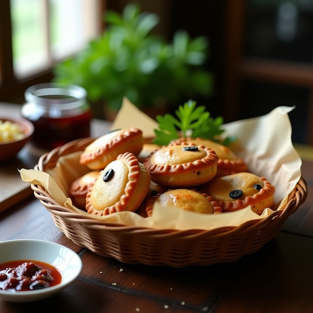 Empanadas doradas y crujientes de tapioca rellenas de carne de res y aceitunas, servidas en una canasta de mimbre con hojas de perejil fresco. Receta brasileña keto en airfryer, baja en carbohidratos y alta en proteína.