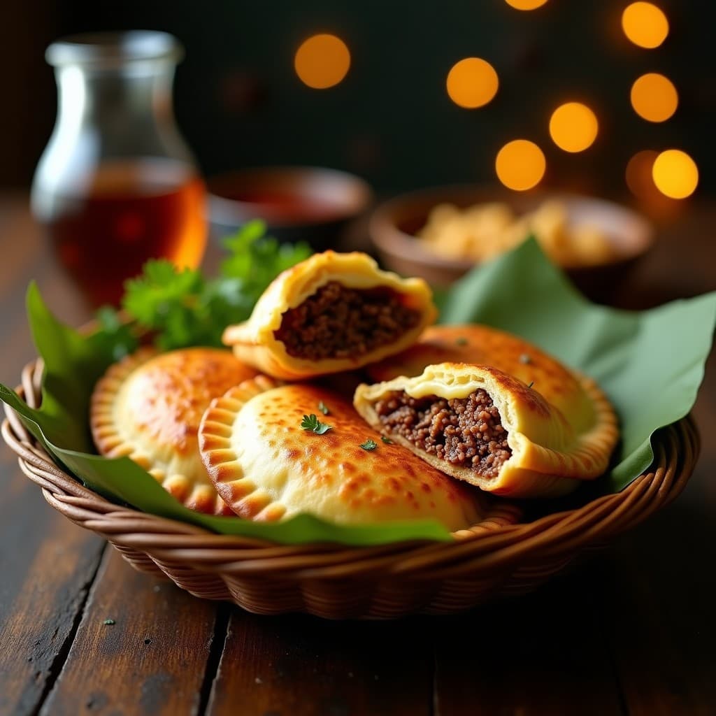 Empanadas brasileras de tapioca doradas y crujientes rellenas de carne seca desmenuzada y queso coalho gratinado, servidas en una canasta de mimbre con hojas de cilantro fresco. Receta tradicional en airfryer.