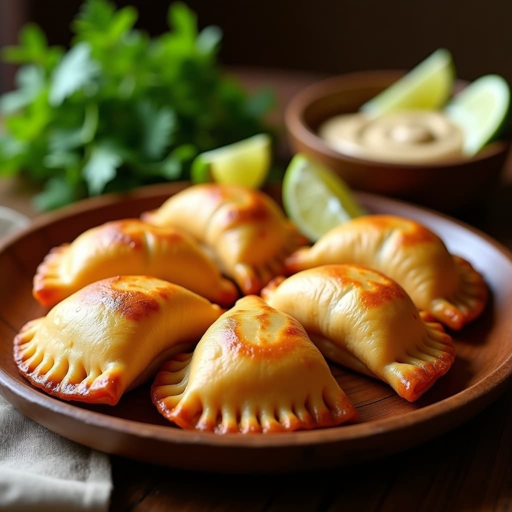 Empanadas doradas y crujientes de tapioca rellenas de jackfruit desmenuzado, con bordes bien sellados y textura dorada, servidas en un plato de madera con hierbas frescas y salsa al lado. Receta brasileña vegana en airfryer.