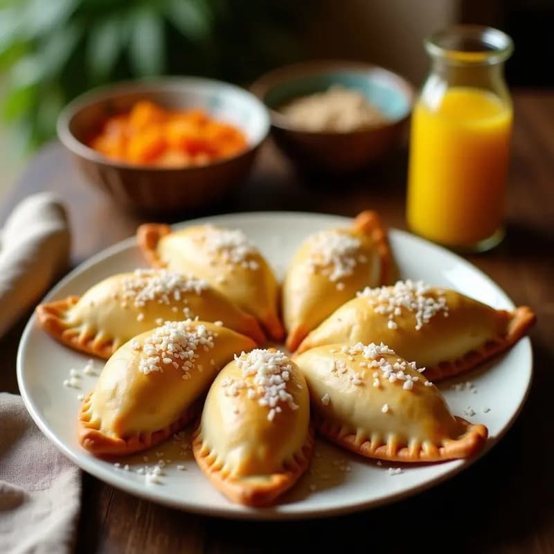 Empanadas filipinas doradas y crujientes rellenas de tocino de coco y piña, servidas en un plato de madera con salsa de yogur y hierbas frescas, aperitivo dulce-salado en airfryer.