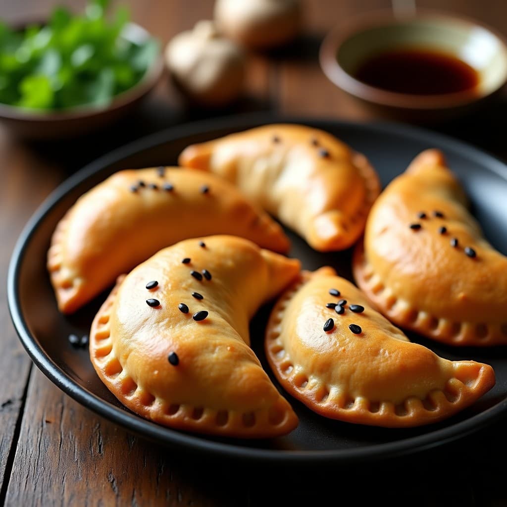 Empanadas doradas y crujientes de harina de trigo sarraceno rellenas de hongos shiitake, servidas en un plato de cerámica negra con semillas de sésamo negro espolvoreadas y una salsa de soja con wasabi al lado. Receta japonesa en airfryer sin gluten.