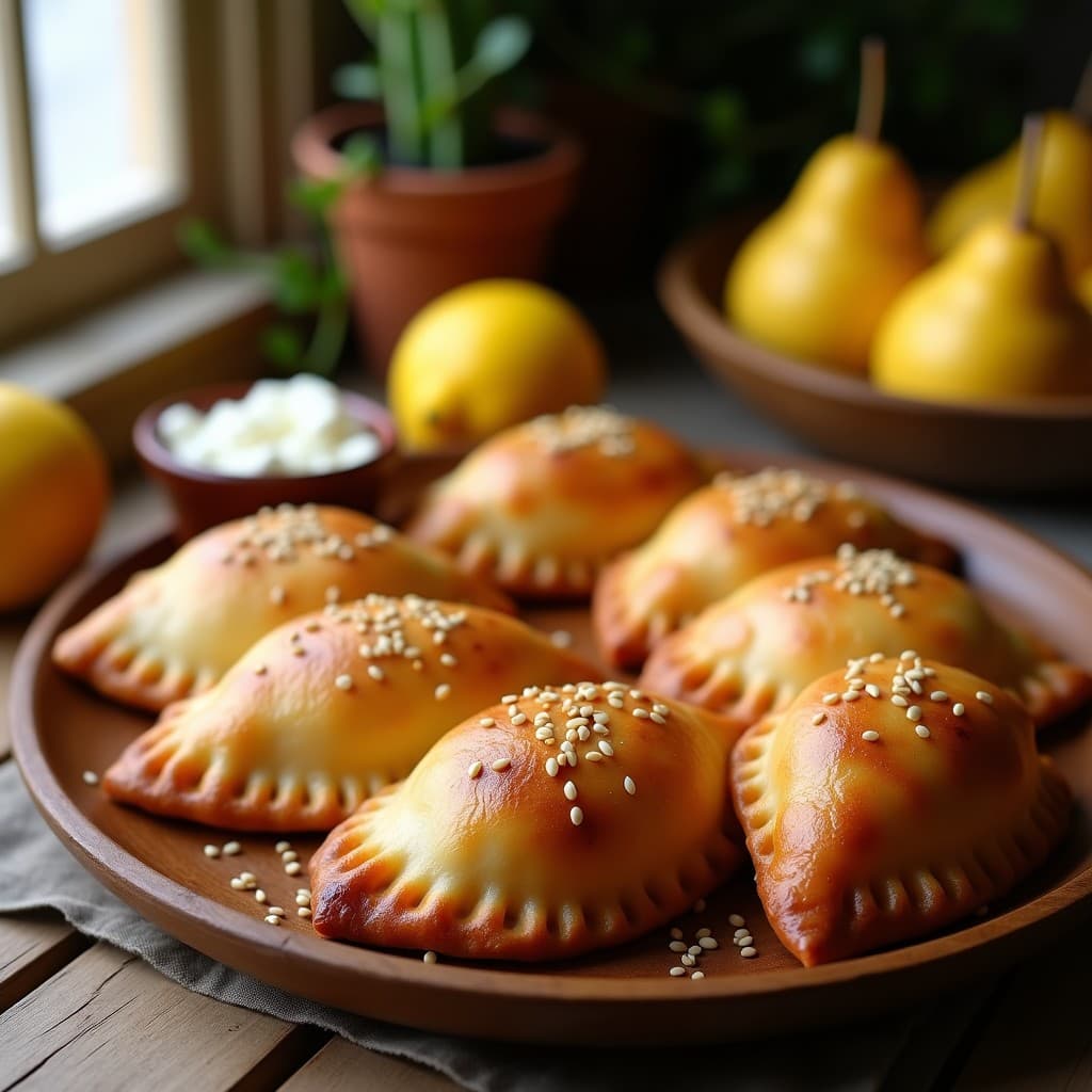 Empanadas doradas y crujientes de tuno (higo chumbo) y queso fresco sin gluten, dispuestas en una bandeja de madera rústica con semillas de sésamo espolvoreadas. Al fondo, tunos frescos y rodajas de limón como decoración. Receta canaria tradicional adaptada.