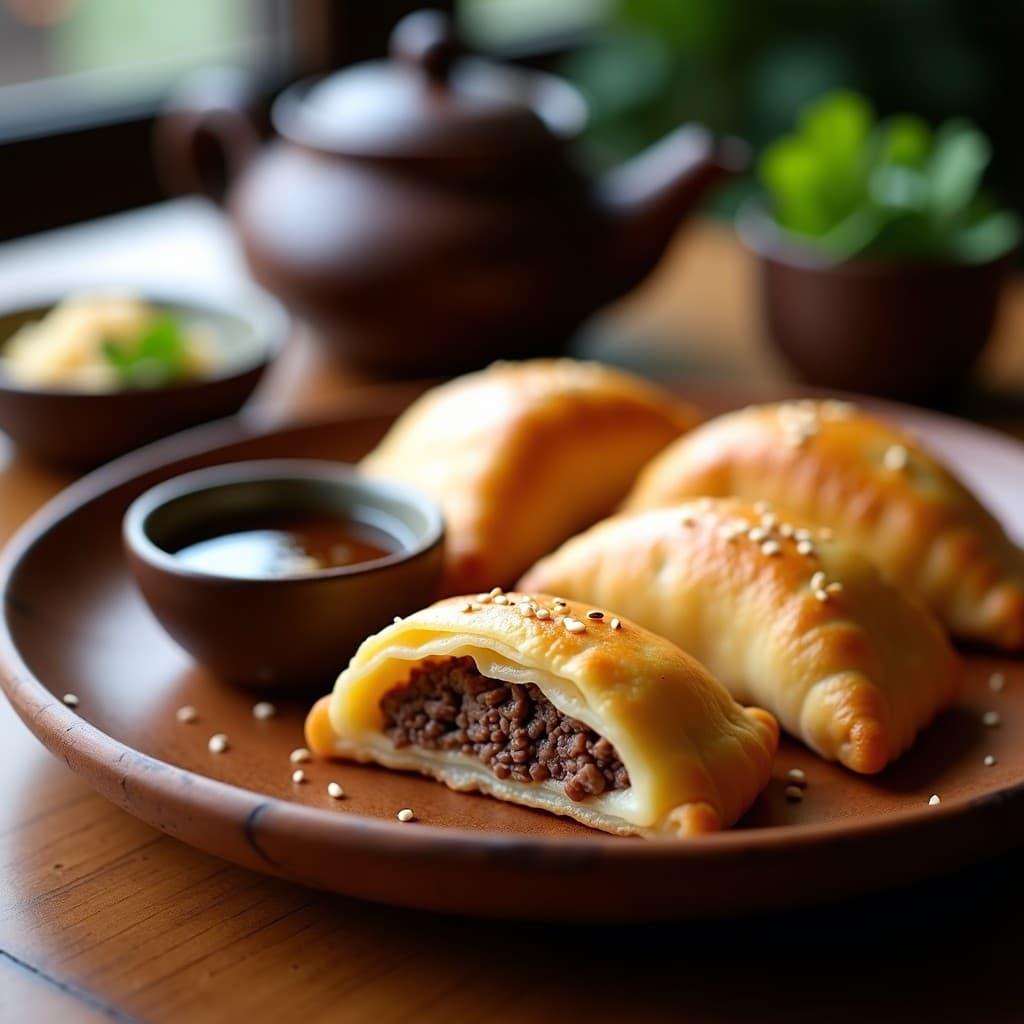 Empanadas doradas y crujientes de carne Wagyu y puré de yuca, servidas en un plato de cerámica negra con semillas de sésamo negro espolvoreadas, acompañadas de una salsa oscura y cilantro fresco. Receta japonés-peruana en olla express.