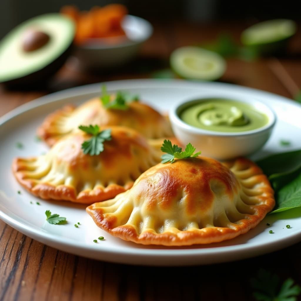 Empanadas veganas de yaca madura y queso de anacardos con masa de harina de arroz, doradas y crujientes, servidas en un plato de cerámica blanca con hojas de cilantro fresco y una salsa verde al lado.