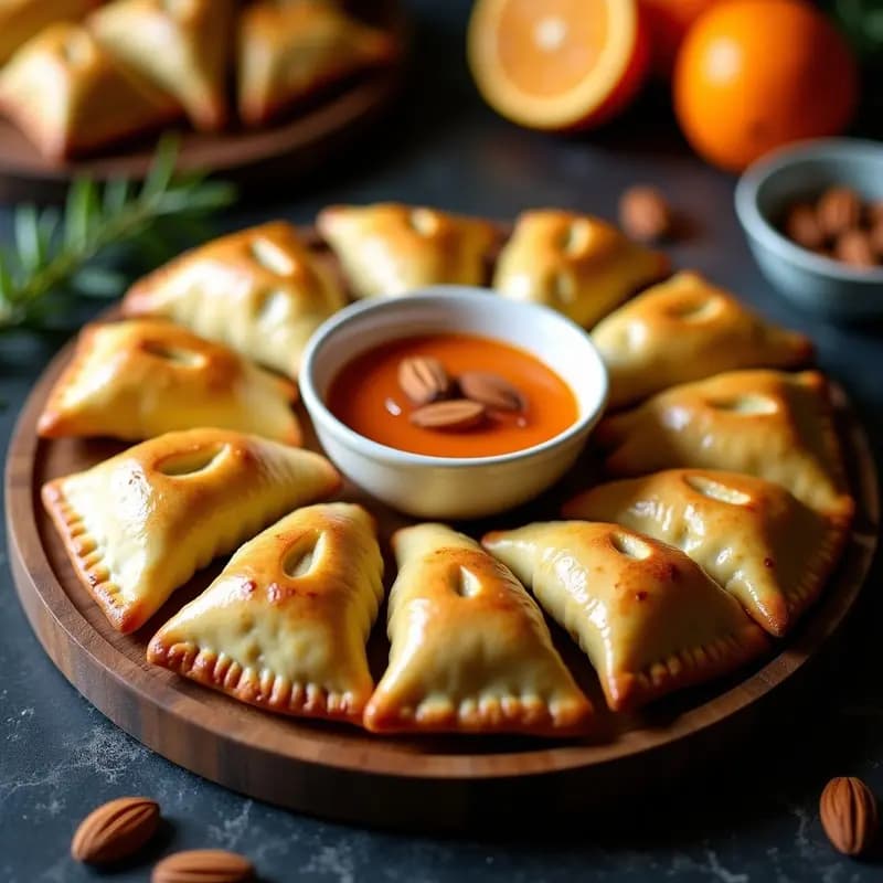 Empanadas doradas y crujientes rellenas de yaca desmenuzada y queso azul cremoso, servidas en una bandeja de madera rústica con un cuenco de salsa de naranja amarga espesa y almendras tostadas, receta caribeña dulce y salada.