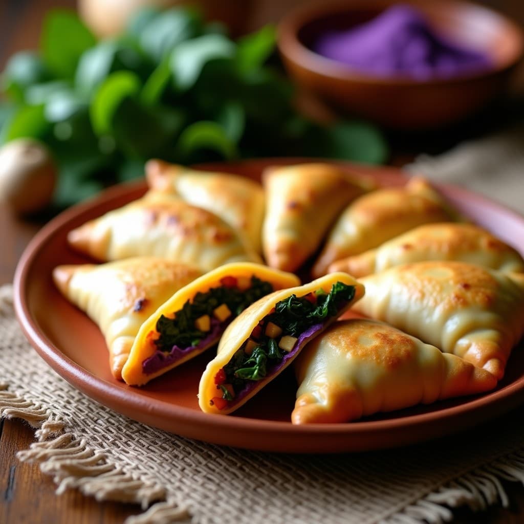Empanadas peruanas sin gluten de masa morada rellenas de yacon y espinacas, horneadas y doradas, servidas en plato de barro con fondo rústico.