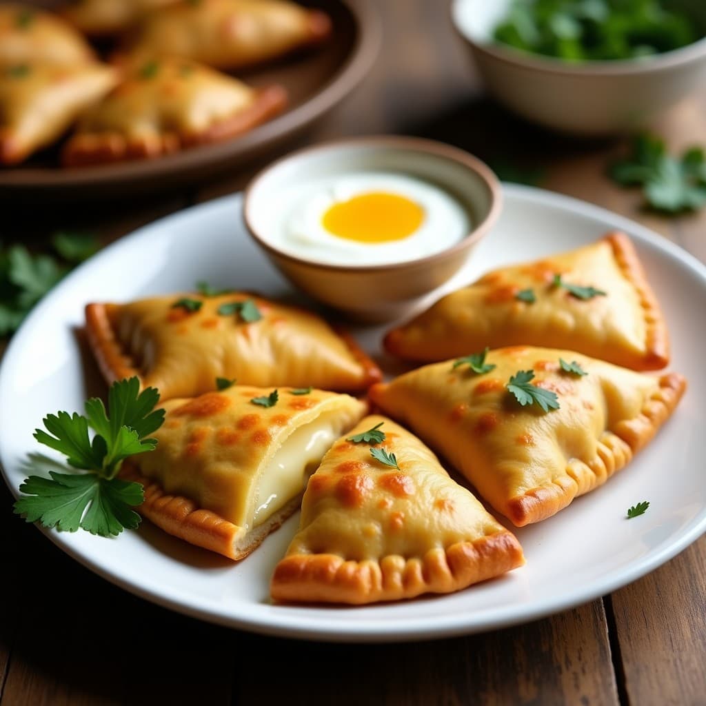 Empanadas doradas y crujientes de yacon y queso de anacardos keto en airfryer, servidas en plato de cerámica blanca con salsa de yogur de coco y cilantro fresco, fondo rústico de madera.