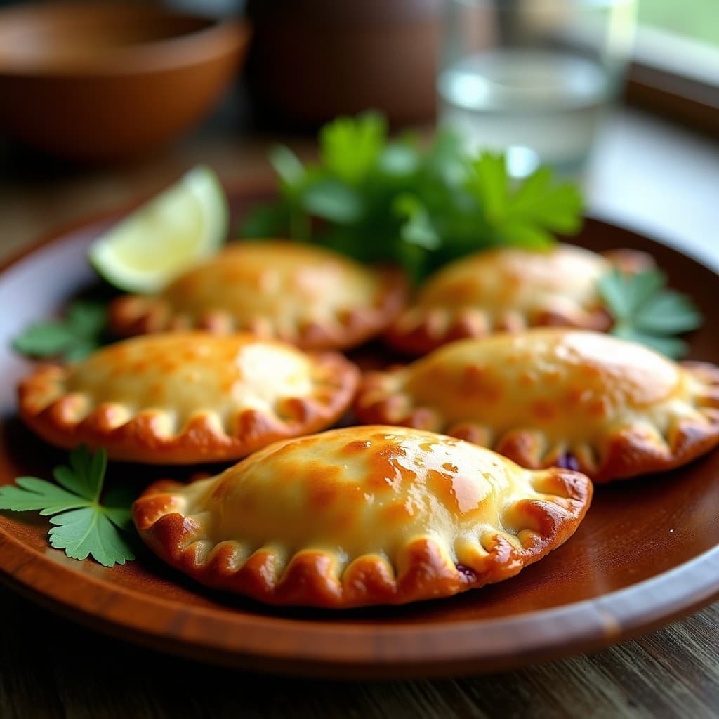 Empanadas doradas y crujientes de yam morado y pollo, recién salidas del airfryer, con bordes perfectamente sellados y un brillo dorado gracias al huevo batido. Servidas en un plato de madera rústico con hojas de cilantro fresco y una rodaja de lima al lado.