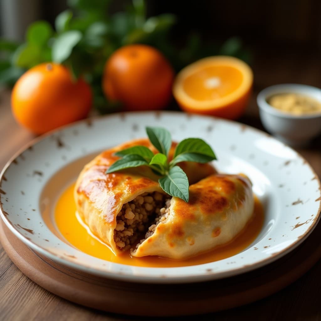 Empanadas doradas y crujientes de yautía rellenas de carne de coco, servidas en un plato de madera oscuro con un cuenco pequeño de mojo de naranja amarga al lado. Decoración con hojas de cilantro fresco y gajos de naranja amarga en un fondo rústico.