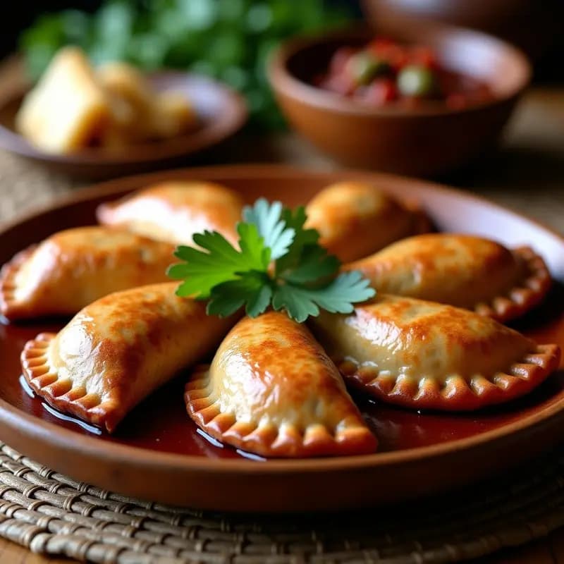Empanadas puertorriqueñas de masa violeta intenso de yautía morada, rellenas de carne de res desmenuzada oscura, con bordes dorados y crujientes. Servidas en plato de madera con hoja de culantro como decoración y salsa criolla al lado.