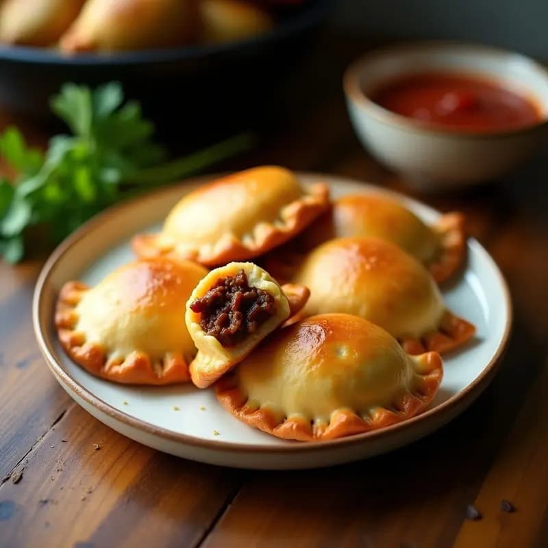 Empanadas doradas y crujientes de masa de yautía rellenas de carnita de res, dispuestas en una canasta de Airfryer con un fondo rústico de madera. La textura de la masa es ligeramente rugosa y el relleno se asoma en algunos bordes, mostrando su jugosidad. Acompañadas de una ramita de culantro fresco para decoración.