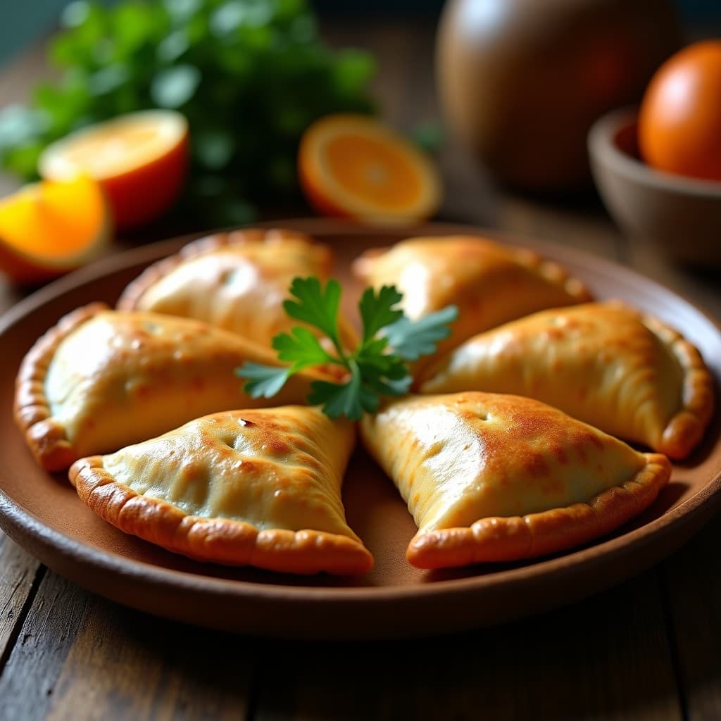 Empanadas doradas y crujientes de masa de yautía rellenas de carne de cerdo desmenuzada, servidas en un plato de madera rústico con hojas de cilantro fresco y rodajas de naranja agria al fondo. Receta puertorriqueña en airfryer, alta en proteína y sin gluten.