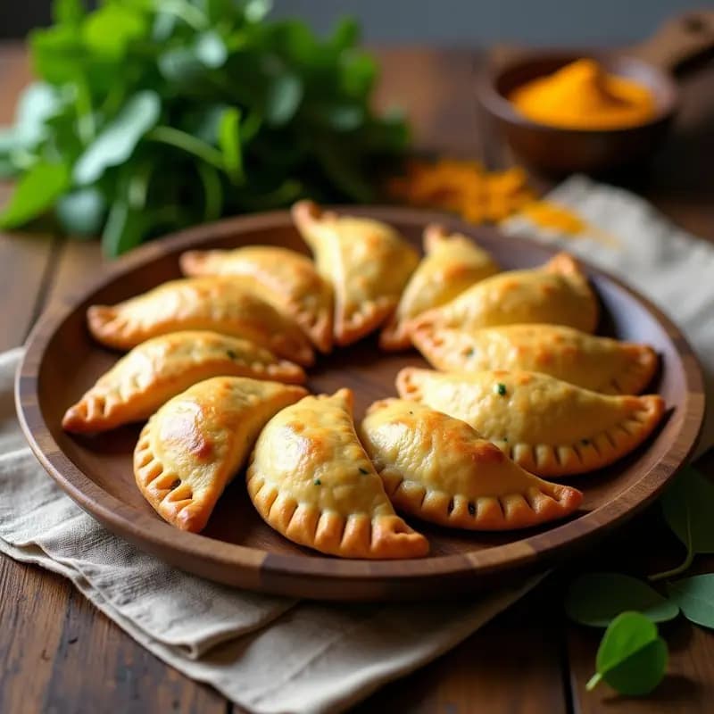 Empanadas doradas de yautía y espinacas con queso de cúrcuma, servidas en una bandeja de madera rústica con hojas de espinaca fresca como decoración. Receta puertorriqueña sin gluten hecha en Thermomix.
