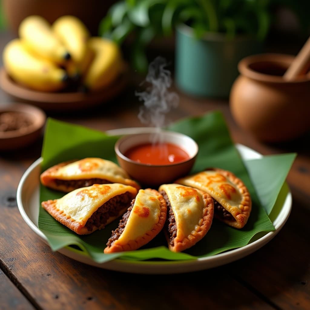 Empanadas de yautía morada fritas con bordes dorados y crujientes, rellenas de carne de res jugosa y aceitunas, servidas sobre hojas de plátano con una salsa de ají dulce al lado. Receta tradicional puertorriqueña.