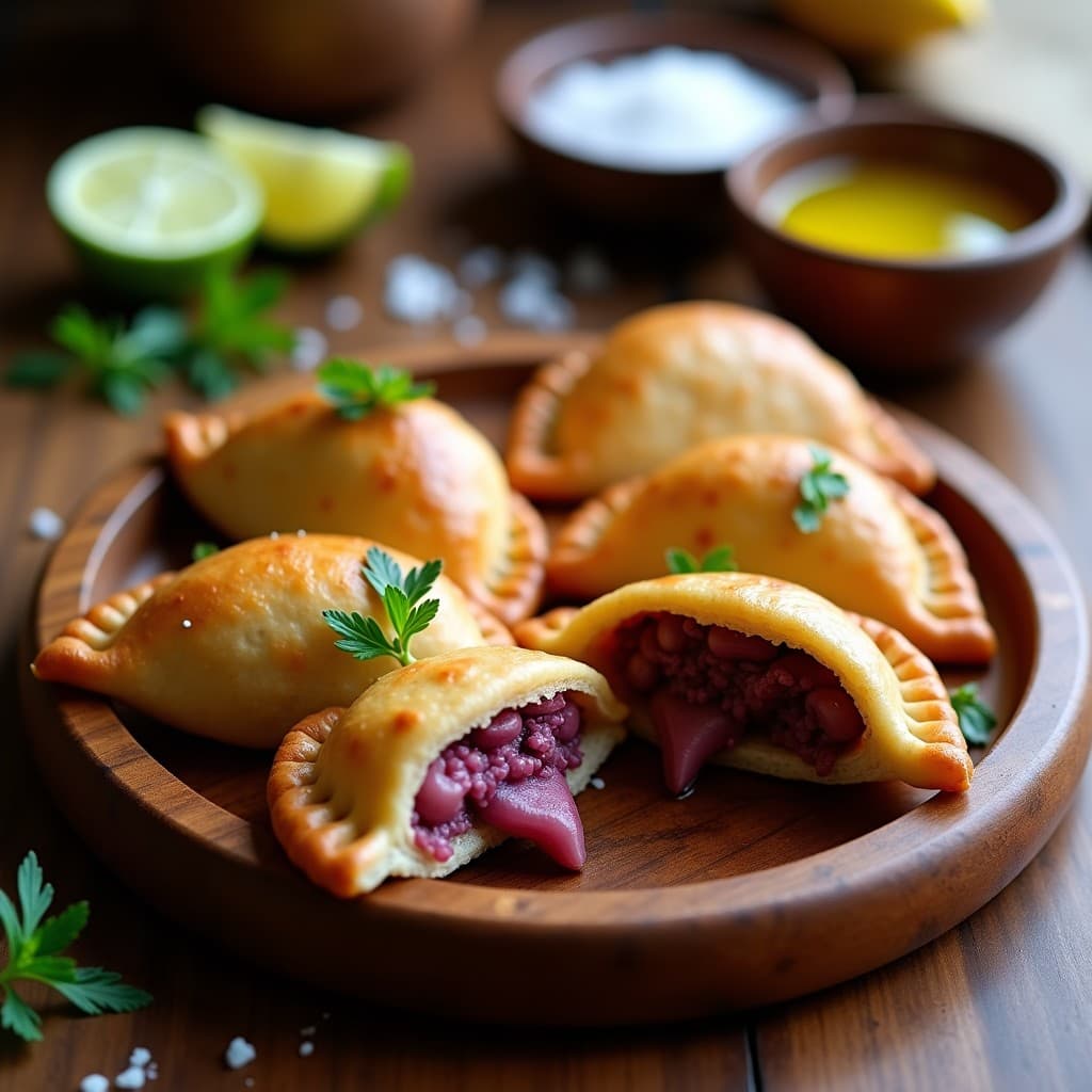 Empanadas doradas y crujientes de yautía morada rellenas de pulpo a la gallega, con un interior jugoso y especiado, servidas sobre un plato de madera rústico con hojas de perejil fresco y una rodaja de limón al lado.