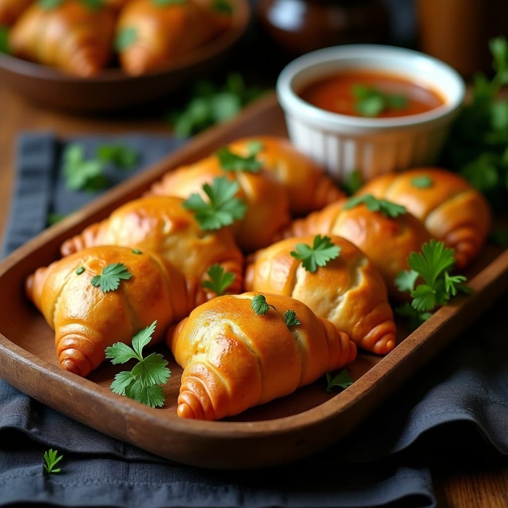 Empanadas doradas y crujientes de masa de yautía rellenas de picadillo de seitán, dispuestas en bandeja de madera rústica con hojas de cilantro fresco como decoración. Receta sin gluten al horno.