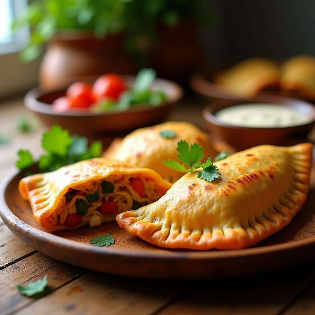 Empanadas doradas y crujientes de masa de yautía rellenas de pollo y vegetales, servidas en un plato de madera con hierbas frescas y salsa al lado. Receta dominicana en airfryer.