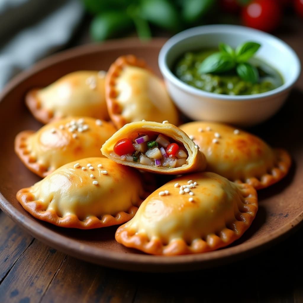 Empanadas doradas de masa de yuca rellenas de atún ahumado y pesto de espinacas, servidas en un plato de madera rústico con hojas de albahaca fresca y un bol pequeño de pesto verde al lado. Receta cubana en olla exprés.