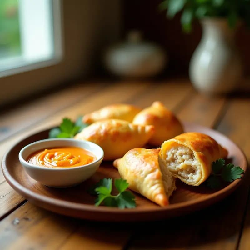 Empanadas doradas y crujientes de masa de yuca rellenas de bacalao, servidas en un plato de madera con mojo de naranja al lado y hojas de cilantro fresco.