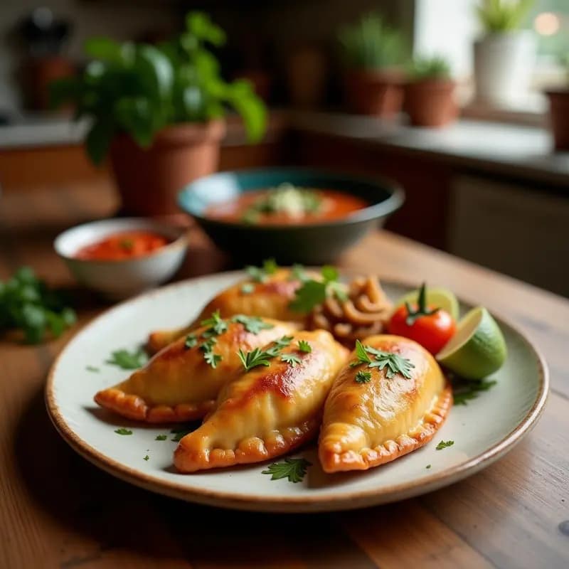 Empanadas doradas y crujientes de yuca rellenas de carne de cangrejo, servidas en un plato de madera con salsa de chile habanero al lado, receta colombiana en airfryer.