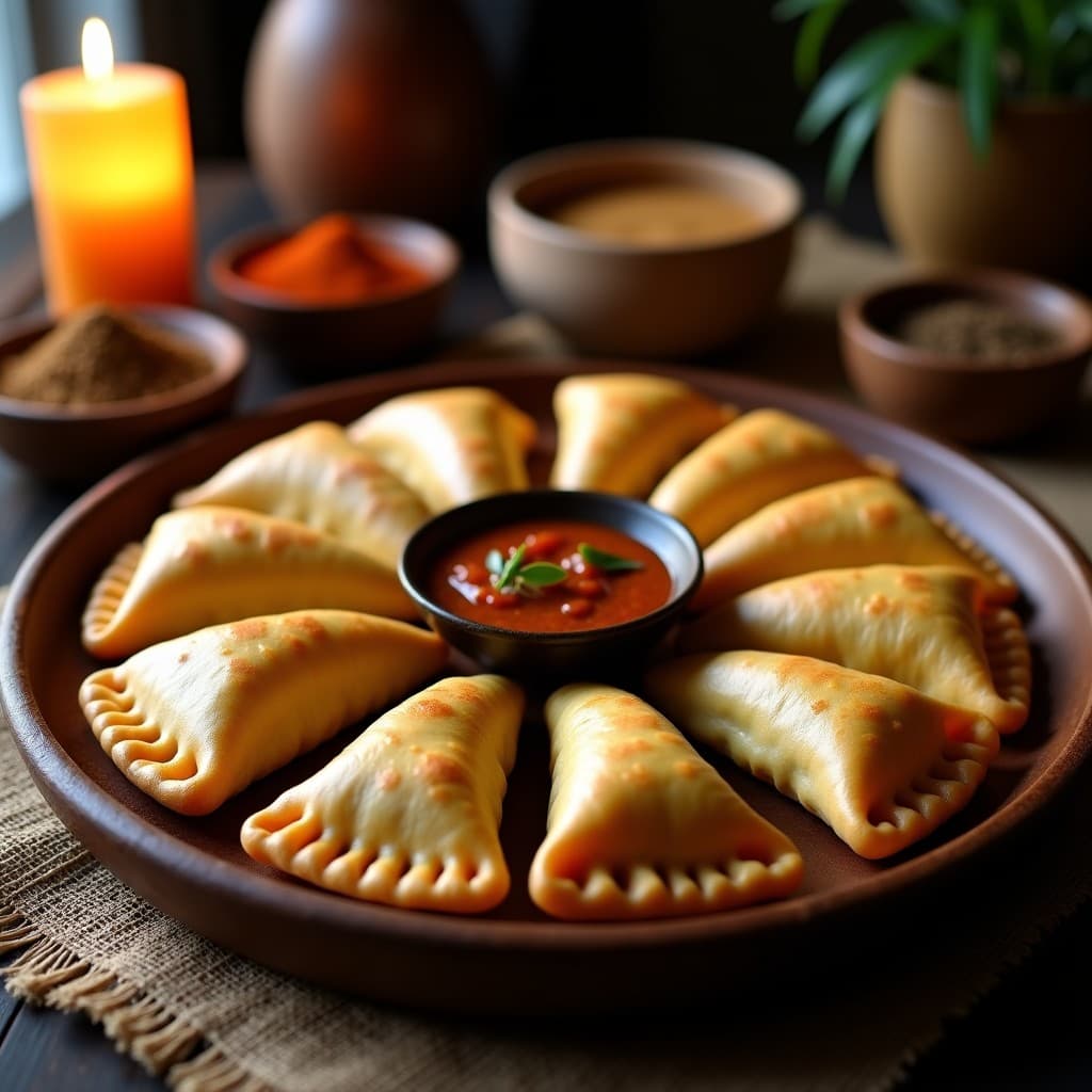 Empanadas doradas y crujientes de masa de yuca rellenas de caracoles, con bordes perfectamente sellados, dispuestas en una bandeja rústica de madera. Al fondo, velas de cera de abeja encendidas y especias africanas como pimienta de Guinea y comino, receta tradicional africana de empanadas de yuca y caracoles.
