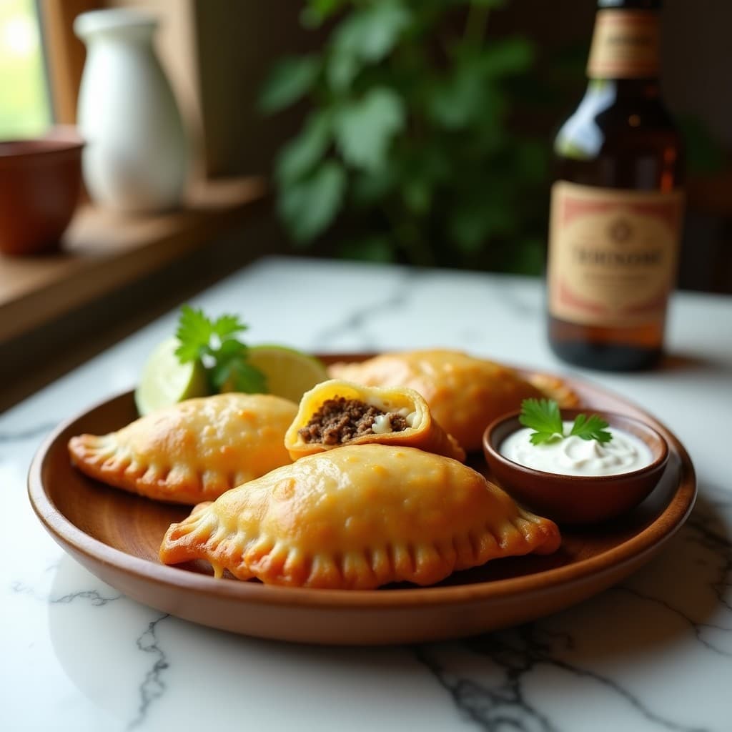 Empanadas doradas y crujientes de masa de yuca rellenas de carimañola y queso, servidas en un plato de madera con salsa de yogur al lado. Receta colombiana en Thermomix.