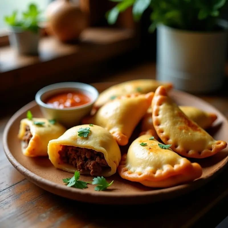 Empanadas doradas y crujientes de masa de yuca rellenas de carimañola, queso fresco y huevo duro, servidas en un plato de madera rústico con hojas de cilantro fresco. Receta colombiana sin harina y alta en proteína.