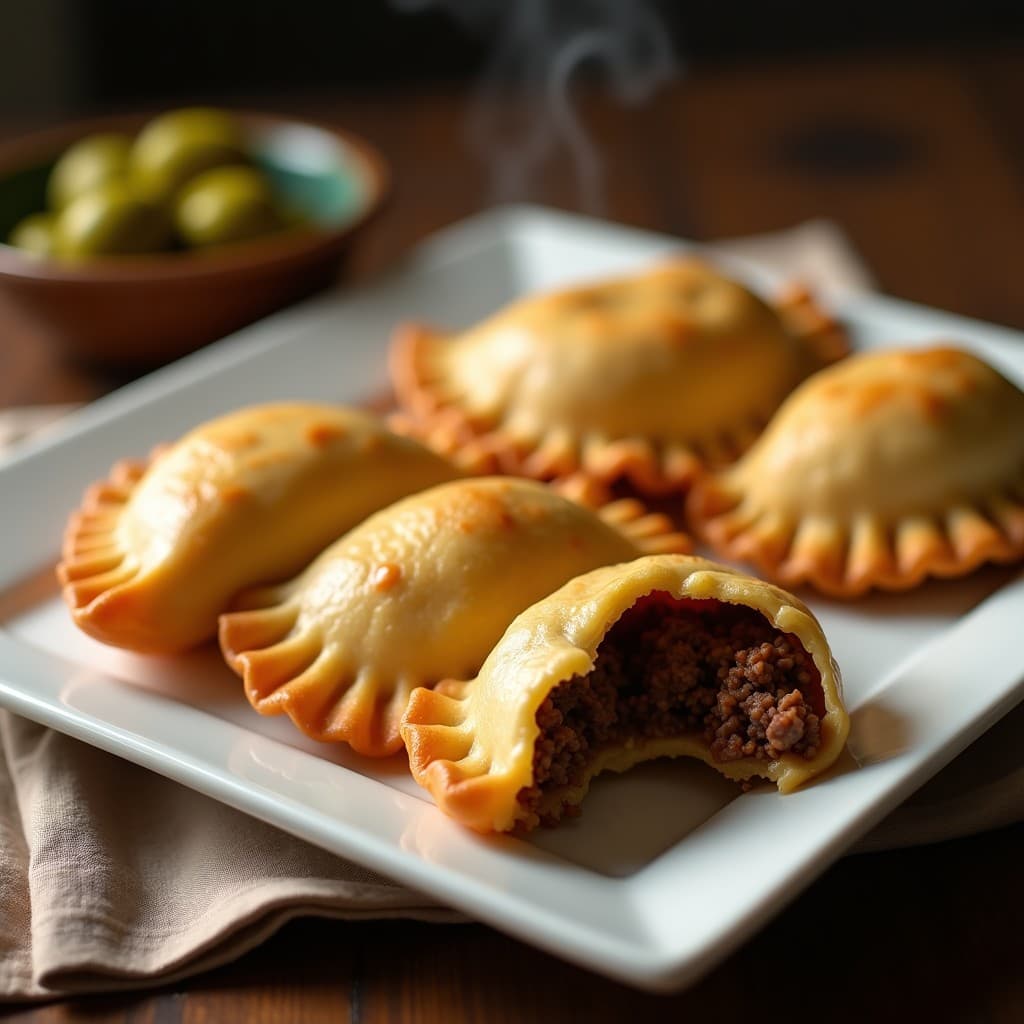 Empanadas de yuca doradas y crujientes rellenas de carne picada y aceitunas, servidas en un plato blanco con fondo rústico. Receta cubana tradicional hecha en airfryer.