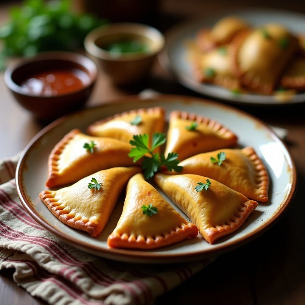 Empanadas de yuca doradas y crujientes rellenas de carne de res ahumada, servidas en un plato de barro con perejil fresco espolvoreado. Receta colombiana tradicional en Thermomix con toque ahumado.
