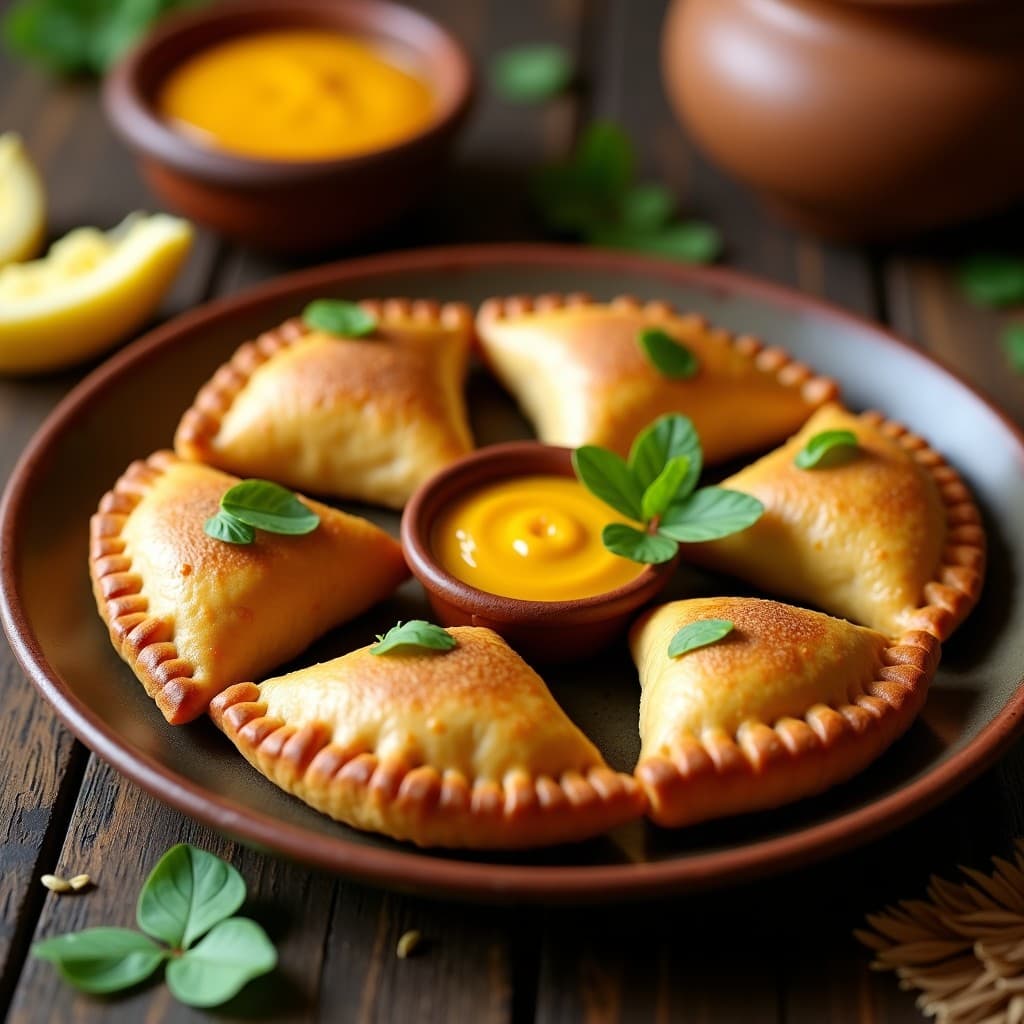 Empanadas bolivianas de yuca y carne molida con ají amarillo, doradas y crujientes, servidas en un plato de barro con salsa de ají amarillo al lado y hierbabuena fresca como decoración.