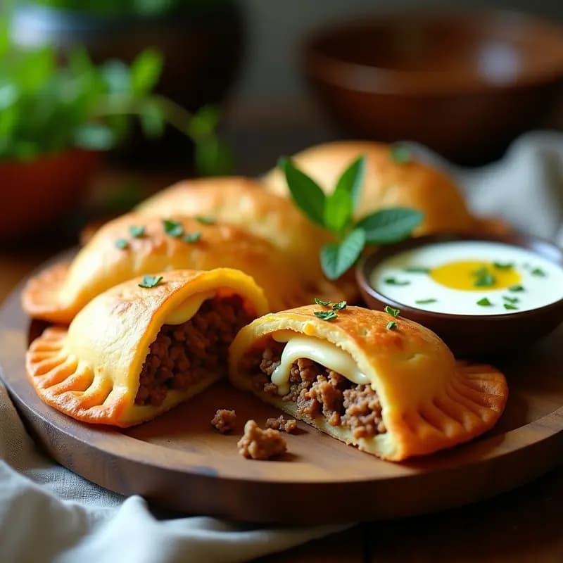Empanadas de yuca doradas y crujientes rellenas de carne mechada y queso halloumi derretido, servidas en una tabla de madera con salsa de yogur y hierbas frescas. Receta colombiana-venezolana viral.
