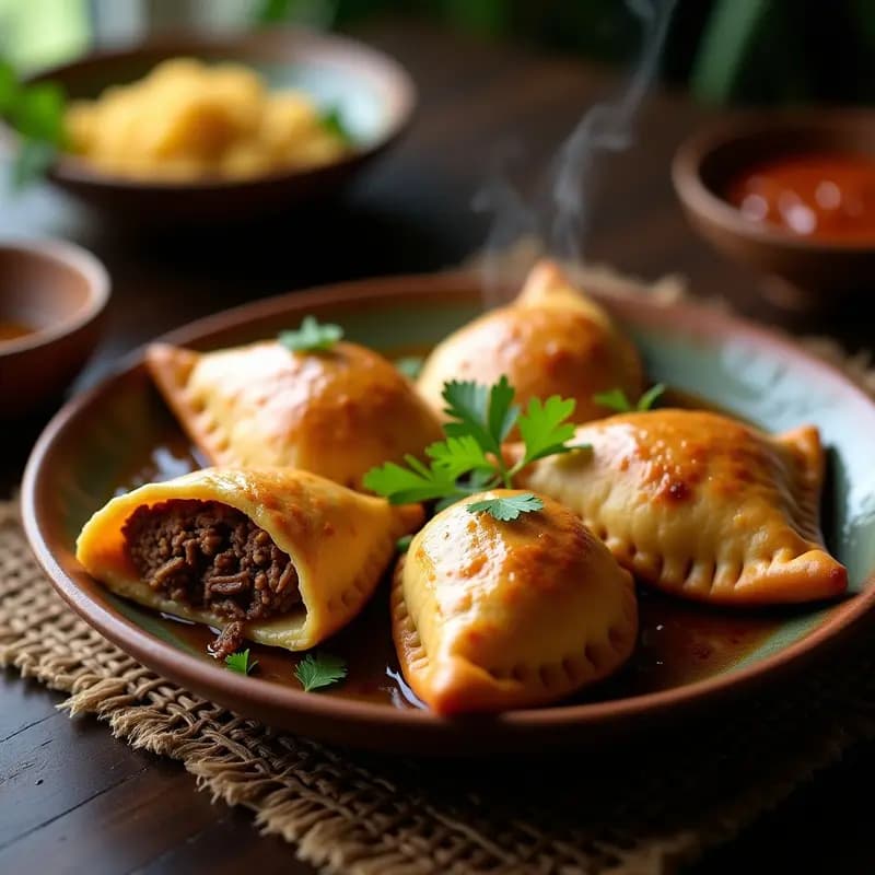 Empanadas doradas de yuca rellenas de carne mechada keto, servidas en un plato de madera rústico con hojas de cilantro y rodajas de limón, receta colombiana sin harina.