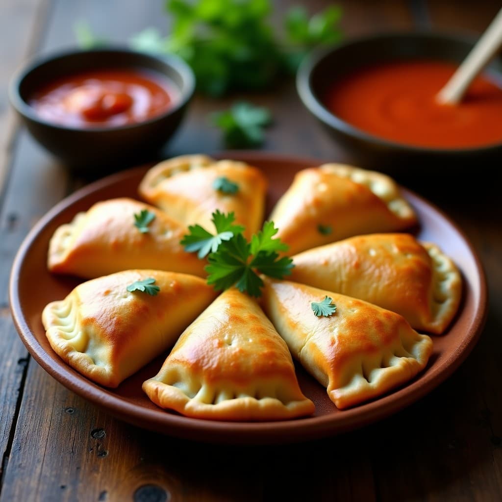 Empanadas doradas de yuca rellenas de carne mechada venezolana, servidas en plato de barro con hojas de cilantro y salsa de ají al lado. Receta tradicional crujiente y sabrosa.