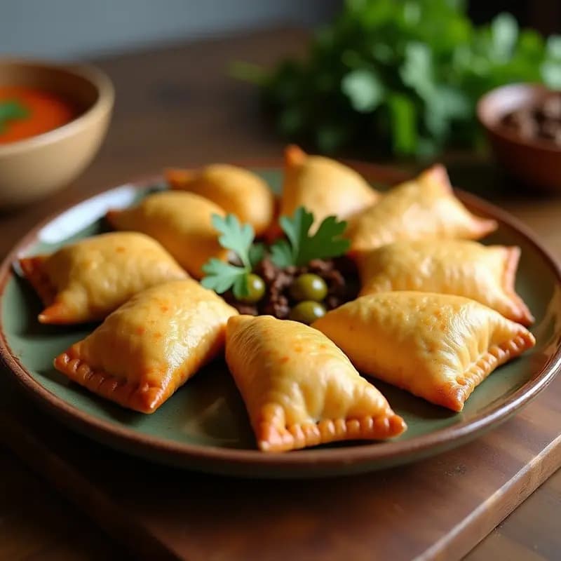 Empanadas de yuca rellenas de carne mechada venezolanas sin harina de trigo, doradas y crujientes sobre una bandeja de madera rústica, con hojas de cilantro fresco como decoración.