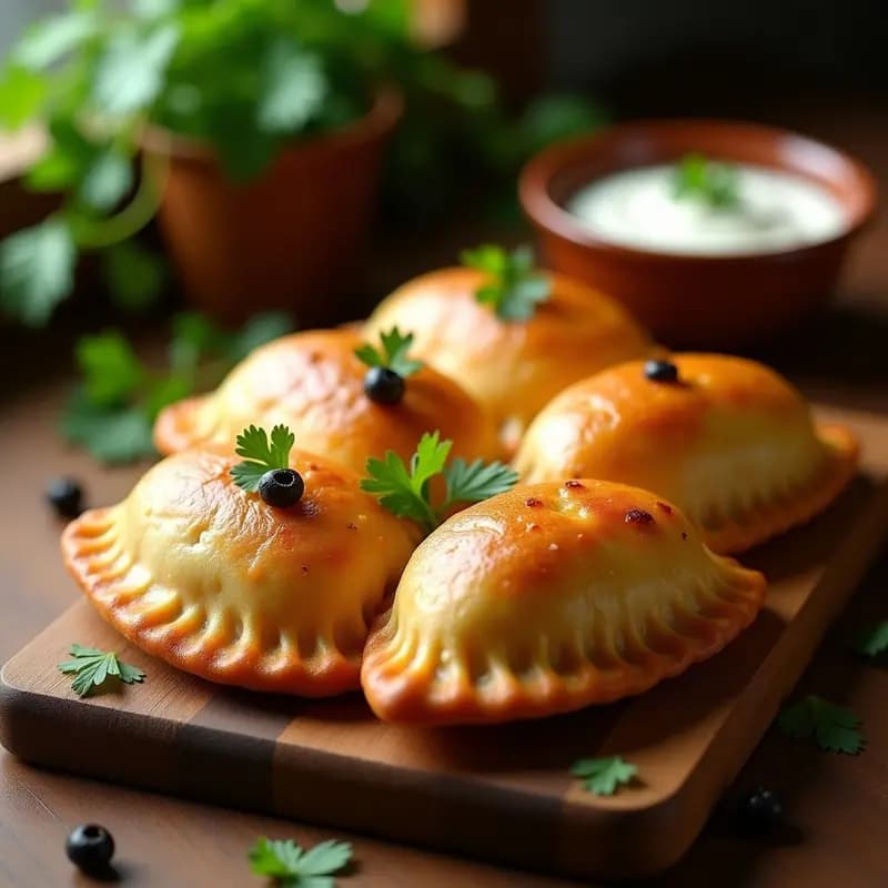 Empanadas doradas y crujientes de masa de yuca al horno, rellenas de carne molida y aceitunas, servidas en una bandeja rústica de madera con hierbas frescas.
