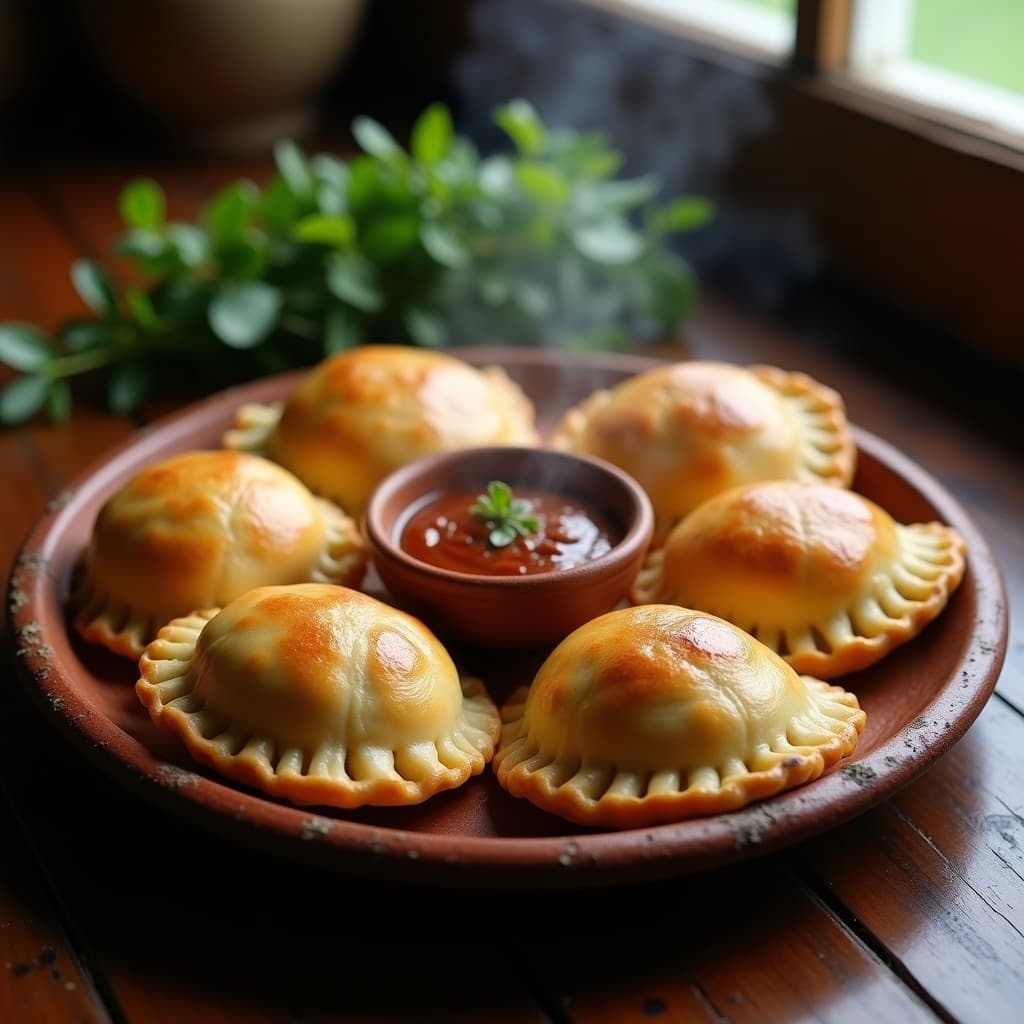 Empanadas de yuca y carne molida sin gluten, doradas y humeantes, servidas en un plato de barro con hojas de bijao al lado. Receta colombiana tradicional cocinada en olla exprés.