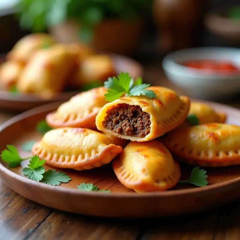 Empanadas de yuca doradas y crujientes rellenas de carne molida de res con especias, servidas en una bandeja de madera con hojas de cilantro fresco. Receta venezolana sin gluten y alta en proteína.