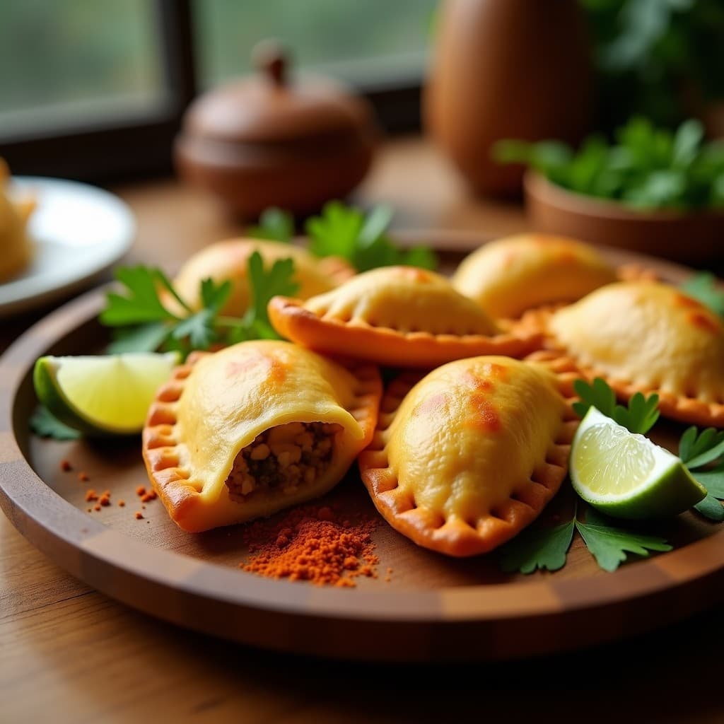 Empanadas doradas y crujientes de yuca rellenas de carne de ostras, con un toque costero colombiano, servidas en un plato de madera rústico con rodajas de limón y hojas de cilantro.