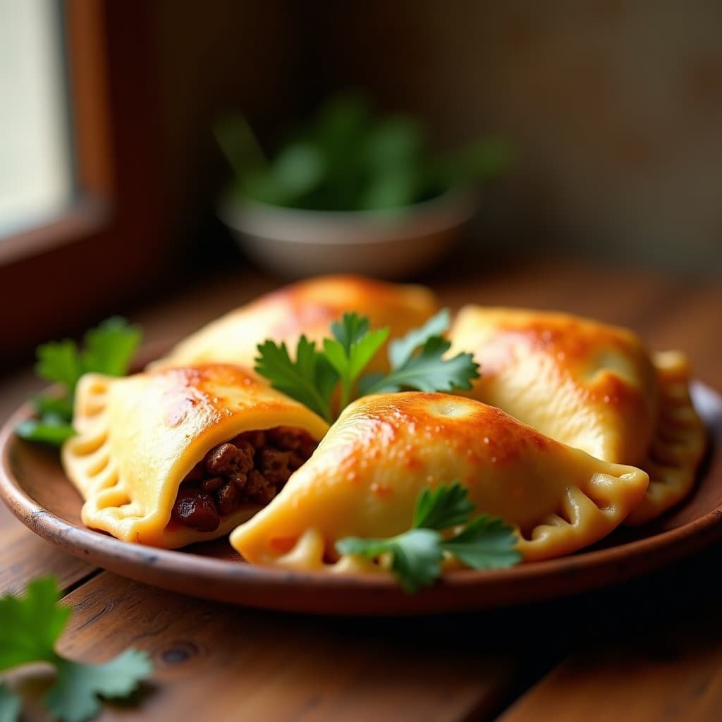 Empanadas de yuca rellena de carne molida y pasas en Thermomix, doradas y humeantes, servidas en un plato de barro con hojas de cilantro fresco y una salsa de ají al lado.