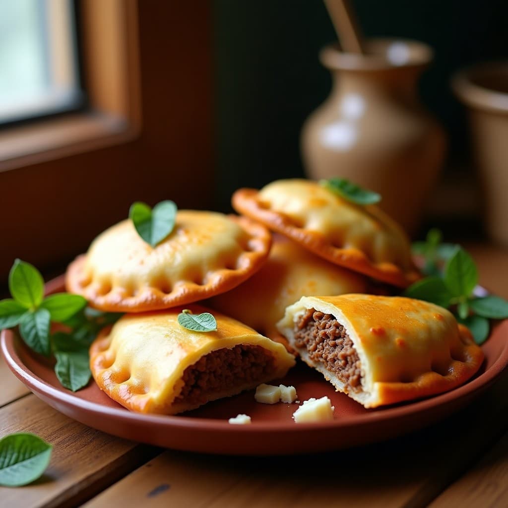 Empanadas doradas de yuca rellenas de carne de res desmenuzada y queso de cabra, con bordes bien sellados, servidas en un plato de barro sobre fondo rústico. Receta boliviana en airfryer.
