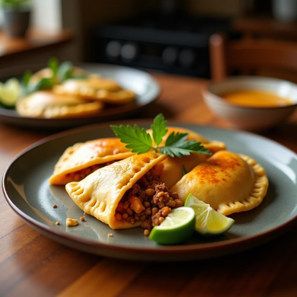 Empanadas de yuca bolivianas doradas y crujientes rellenas de carne de res desmenuzada con aceitunas, servidas en un plato de barro con hojas de huacatay y rodajas de ají amarillo al lado.