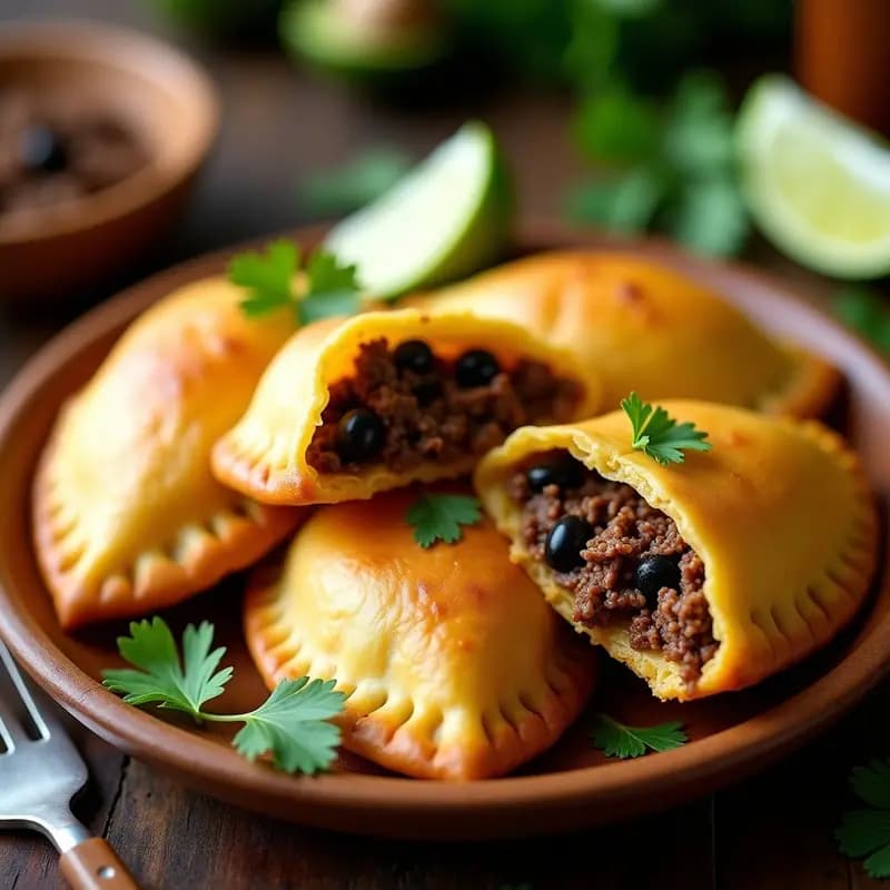 Empanadas doradas y crujientes de yuca rellenas de carne de res desmenuzada y aceitunas negras, servidas en una bandeja de madera con hojas de culantro fresco y rodajas de limón verde. Receta caribeña sin gluten en airfryer.