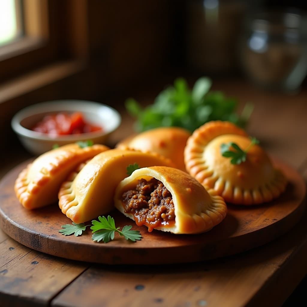 Empanadas doradas de yuca rellenas de carne de res estofada, con queso derretido por encima, servidas en una bandeja de madera rústica con hojas de laurel de decoración. Receta colombiana sin gluten.