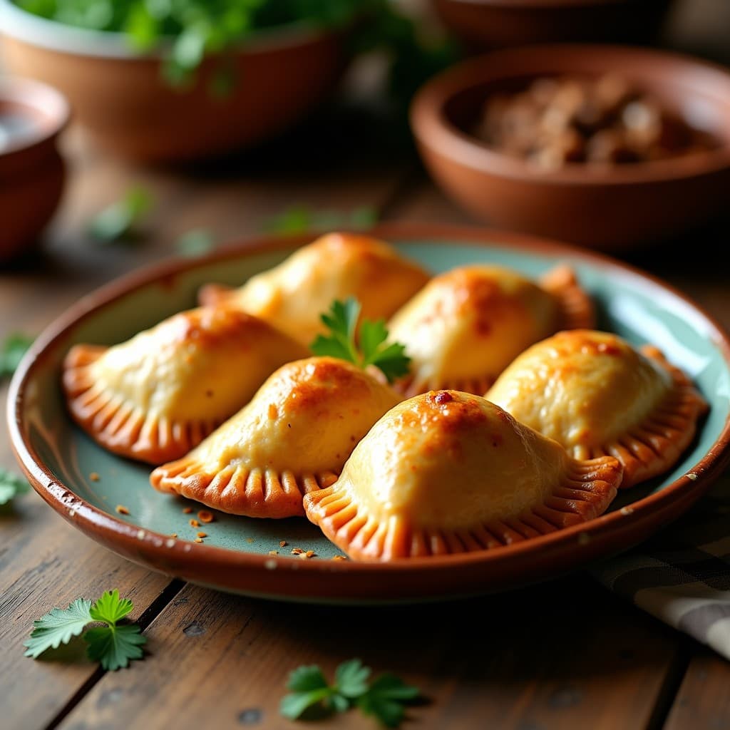 Empanadas de yuca doradas y crujientes rellenas de carne de res secada al sol, servidas en un plato rústico de barro con hojas de cilantro fresco. Receta andina en airfryer, aperitivo tradicional sin gluten.
