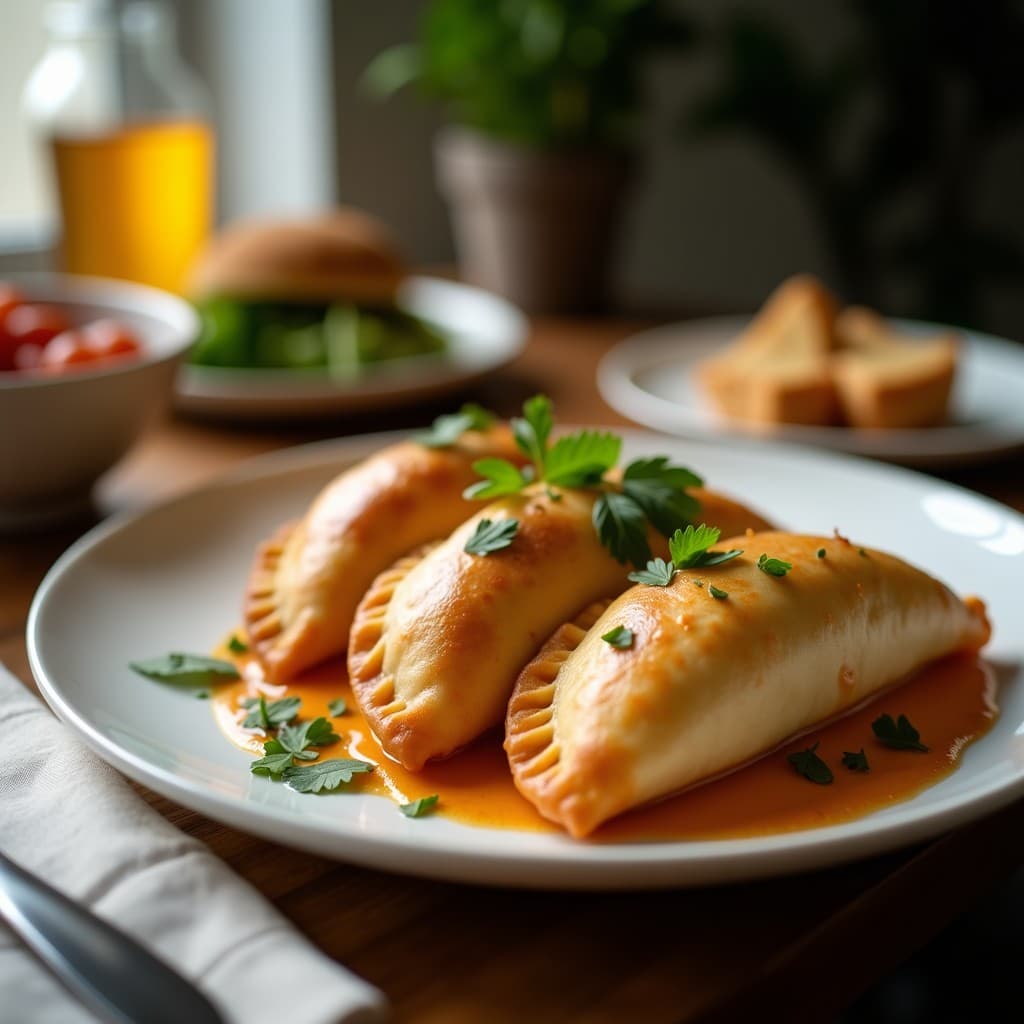 Empanadas doradas de yuca y carne de soja con toques caribeños, crujientes por fuera y jugosas por dentro, servidas en un plato de madera con salsa de yogur de coco y hojas de cilantro.