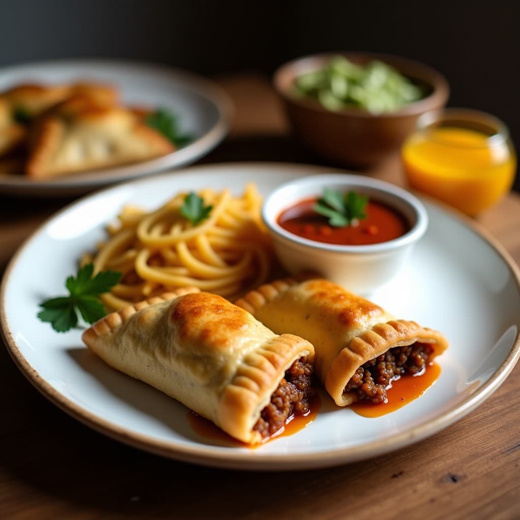 Empanadas doradas de yuca rellenas de carne de soja, servidas en plato rústico con salsa criolla fresca de tomate, cebolla morada y cilantro. Receta colombiana sin gluten.