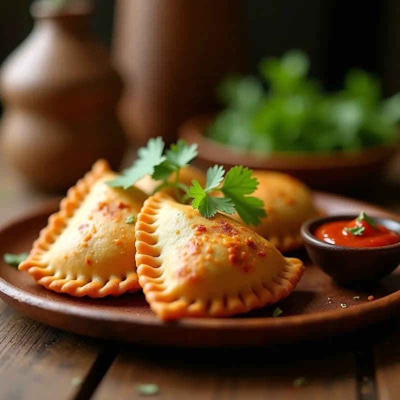 Empanadas doradas y crujientes de yuca rellenas de cecina vegetal, servidas en un plato de madera rústico con hierbas frescas y una salsa de ají al lado. Receta sin gluten en airfryer.